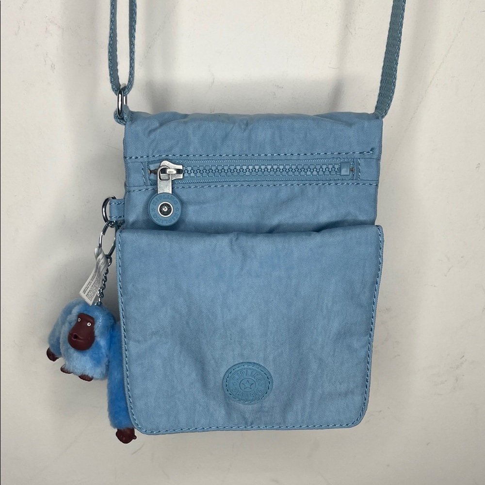 Kipling New Eldorado Mini Crossbody Bag blue, multi pockets monkey keychain